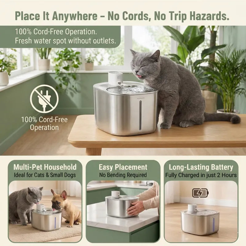 CORDLESS PET WATER FOUNTAIN – FRESH, SAFE WATER ANYTIME